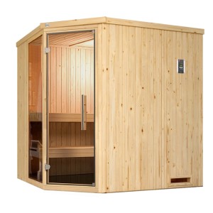 Rohová sauna Weka Element Varberg 2 s presklenými dverami/oknom, prírodný smrek.