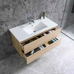 Sanotechnik Corbo 100 cm umývadlová skrinka, matná hnedá, s otvorenými zásuvkami a kúpeľňovými doplnkami.
