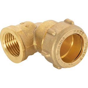Mosadzné kompresné koleno, Ø 22 mm x 18,6 mm (R 1/2), na pripojenie medených rúrok v uhle 90°.