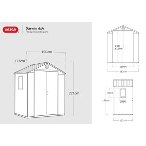Nákres plastového záhradného domčeka Darwin 6x4 s rozmermi.