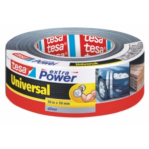 Rolka striebornej univerzálnej lepiacej pásky Tesa Extra Power, 50 m x 50 mm. Silná na opravy.