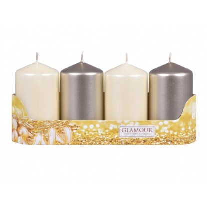 Sviečky adventné STUPŇOVITÉ MIX metal lesk béžová/šampaň, pr. 5 x 9 cm, 2+2ks