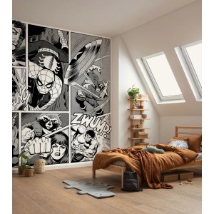 Komar fototapeta Marvel Comic v detskej izbe, čiernobiela so Spider-Manom a Hulkom.