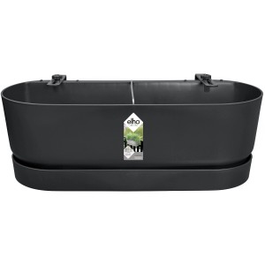Čierny závesný kvetináč Elho Greenville Easy Balcony, 52 cm, s držiakom na balkónové zábradlie.