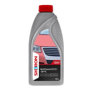 Sivá fľaša Sheron Antifreeze G12+ -30°C chladiacej kvapaliny.