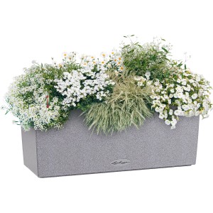 Lechuza Balconera Stone 50, kvetináč kamenný sivý s rastlinami.