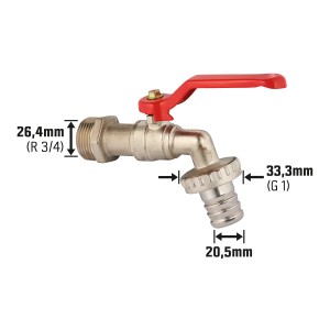 Guľový ventil s hadicovou prípojkou, 26,4 mm (R 3/4), matný chróm a červená páka.