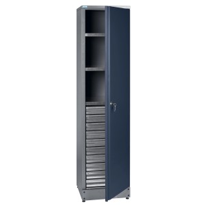 Tmavomodrá skriňa na materiál Küpper, výška 180 cm, s 1 dverami, 3 policami a 10 zásuvkami.