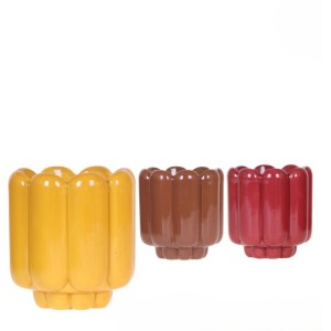 Retro keramické kvetináče, rôzne farby, Ø 9 cm, v žltej, hnedej a červenej farbe. Dekoratívne interiérové kvetináče.
