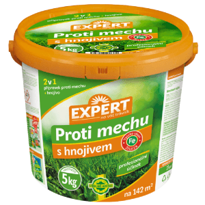 Vedro trávnikového hnojiva a prípravku proti machu Expert, 5 kg.