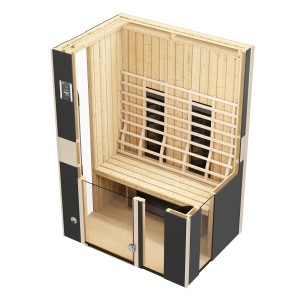 Weka infrasauna Mila 2 set: Antracitová kabína so sklenenou prednou stenou, lavicou a príslušenstvom.