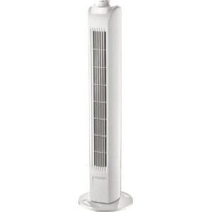 Biely vežový ventilátor s časovačom, 80 cm vysoký, s vertikálnymi lamelami a okrúhlou základňou.
