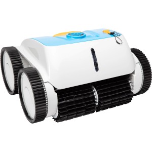 Steinbach Poolrunner Battery Pro bazénový robot v bielej a modrej farbe s kefami a kolesami.