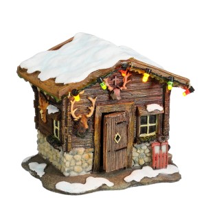 Luville Collectables LED chata so snehom, farebnými svetlami, jeleňmi. Batériová vianočná dekorácia.