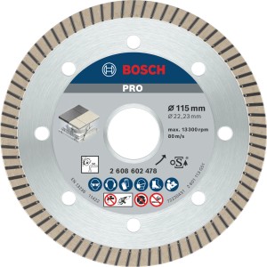 Diamantový rezný kotúč Bosch Extra-Clean Turbo, 115 mm, pre uhlové brúsky, na rezanie porcelánu.