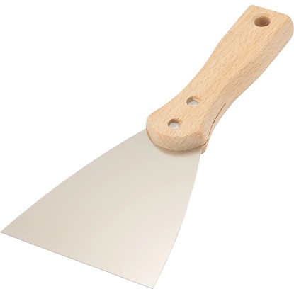 Špachtľa 100 mm s drevenou rukoväťou a oceľovou čepeľou na opravu omietky.