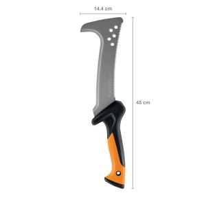 Fiskars Stegaxt: Sekera so sivou čepeľou a oranžovo-čiernou rukoväťou, dĺžka 45 cm.