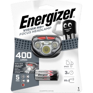 Čelovka Energizer Vision HD s funkciou zaostrovania a 3 batériami AAA v balení.
