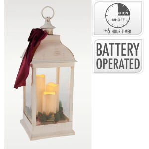 Biela lampáš so zlatým kefovaním, 3 LED sviečky, červená zamatová stuha a vianočná dekorácia. Na batérie, časovač, IP44.