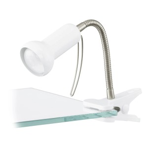 Biela klipsová lampa na nočný stolík s flexibilným ramenom.