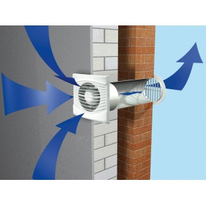 Biely kúpeľňový ventilátor Ø 100 mm s dobehom, namontovaný na stene s ilustráciou prúdenia vzduchu.
