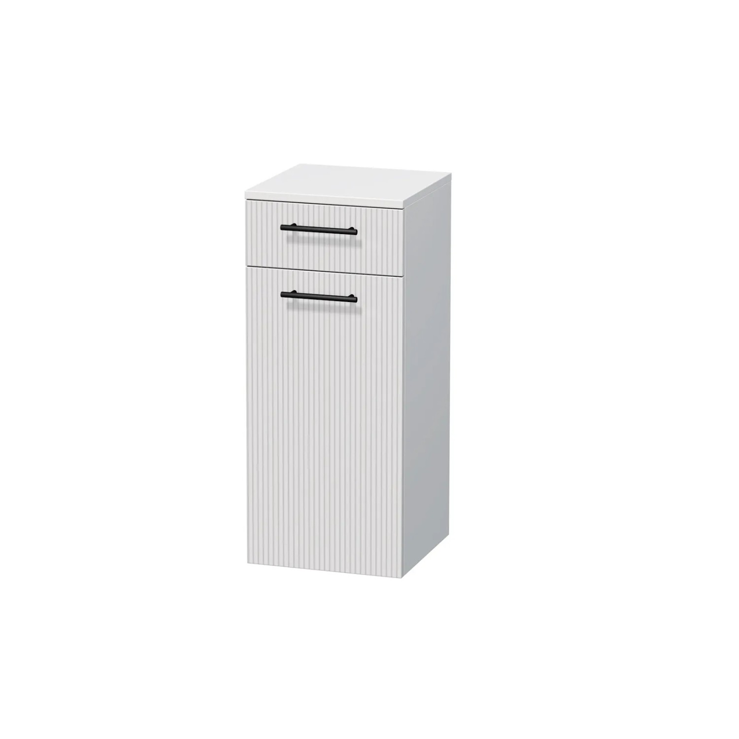 E-shop INTEDOOR Nízka skriňa BEE, úchyt čierny, 1 zásuvka, kôš, š. 35cm, biela 3D pruhy