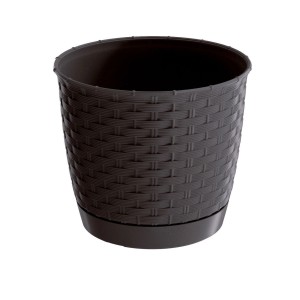 Hnedý kvetináč Prosperplast Ratolla Round, 14,5 cm, vzhľad ratanu s podšálkou.