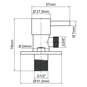 Technický výkres rohového ventilu baliv EV-3470 Gun Metal s rozmermi.