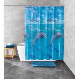 Kleine Wolke sprchový záves Dolphin, 180x200 cm, s modrým motívom delfínov.