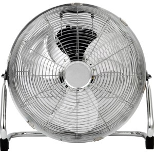 Strieborný podlahový ventilátor Ø 40 cm s kovovou mriežkou, 3 lopatkami a oscilačnou funkciou.