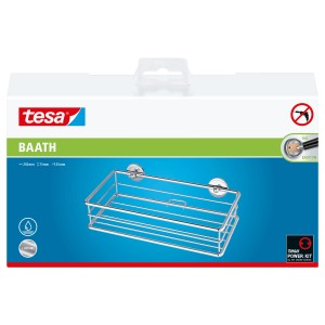Tesa Baath Plus chrómovaná sprchová polička na montáž na stenu bez vŕtania, v krabici.