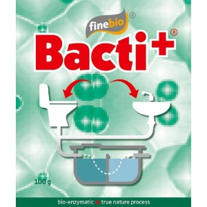 Bacti+ Univerzálne hnojivo: Balenie s grafikou znázorňujúcou použitie v sanitárnej oblasti.