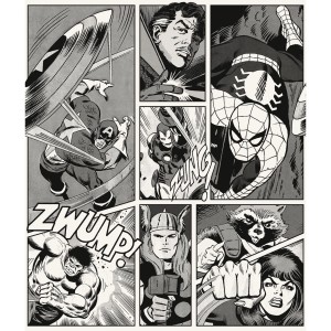 Čiernobiela fototapeta Marvel s Hulkom, Thorom, Spidermanom a Captainom Americou.