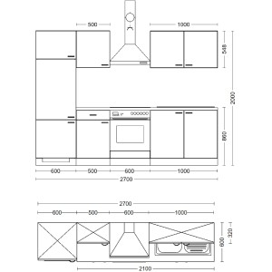 Nákres kuchynskej linky Flex-Well Exclusiv Arizona 270 cm vo vyhotovení Quarz Cubanit a dub San Remo.