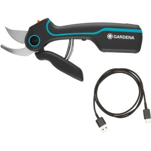 Akumulátorové záhradné nožnice Gardena Assistcut s nabíjacím USB káblom. Ideálne na presné rezy v záhrade.