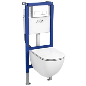 Závesné WC s nádržkou a modrým montážnym rámom pre suchú výstavbu.