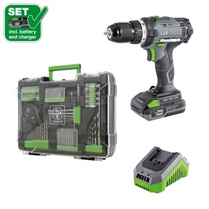 Sada LUX 20V akumulátorového vŕtacieho skrutkovača PowerSystem Mobile Workshop s akumulátorom, nabíjačkou a príslušenstvom v kufríku.