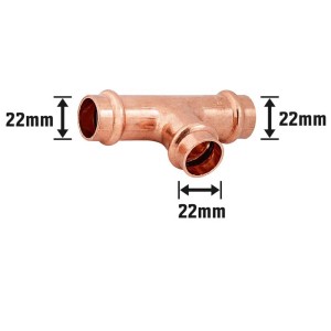 Medený lisovací T-kus, 22 mm, pre potrubné systémy v sanitárnych, solárnych a vykurovacích systémoch.