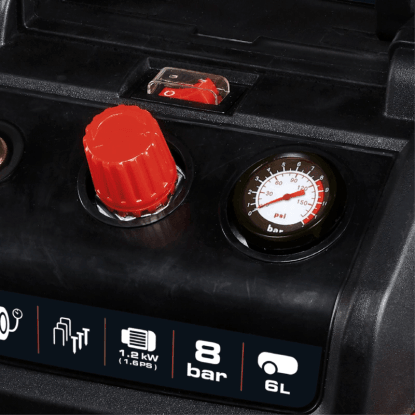 Detail: Kompresor Einhell TC-AC 190/6/8 bez oleja s manometrom a ovládacími prvkami.