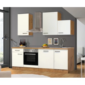 Kuchynská linka Flex-Well Vintea vo farbe Magnolia/Lancelot Oak so spotrebičmi a drezom.
