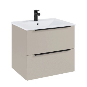 Skrinka pod umývadlo Roca Elegant, 60 cm, kašmír, s 2 zásuvkami a čiernou rukoväťou.