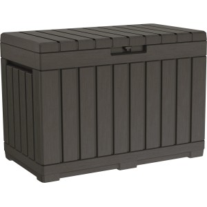 Hnedý univerzálny box s dizajnom dreva. Ideálny na uskladnenie v záhrade alebo na terase.