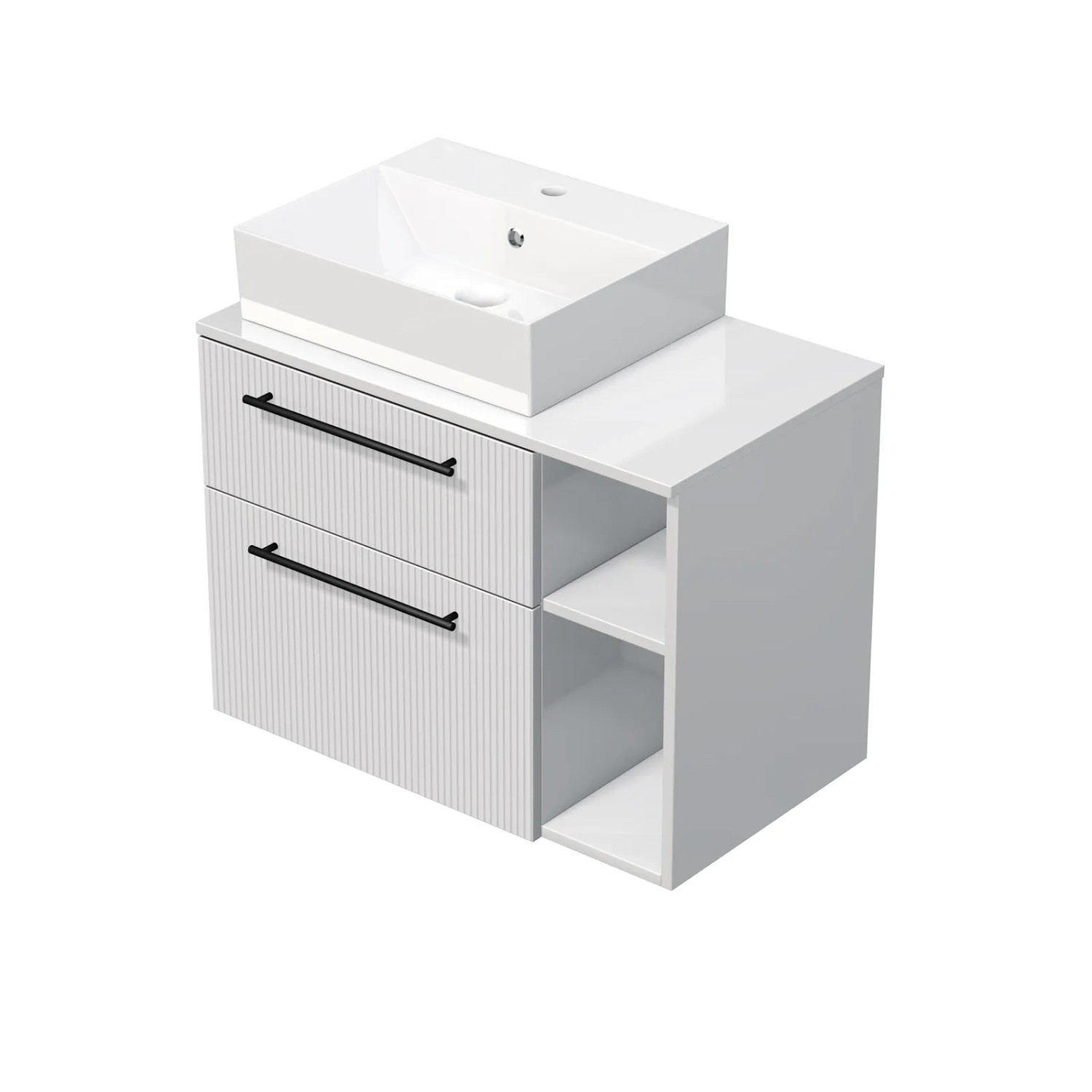 E-shop INTEDOOR Skriňa+umývadlo BEE, úchyt čierny, š.80cm, regál vpravo, biela 3D pruhy