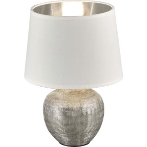 Stolná lampa Trio Luxor, bielo-strieborná nočná lampa s látkovým tienidlom, výška 26 cm.