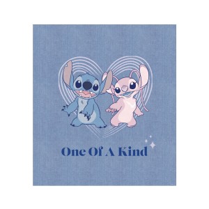 Komar nástenný obraz Stitch One of a Kind, 50x70 cm, s motívom Stitch a Angel pred srdcom na modrom pozadí.