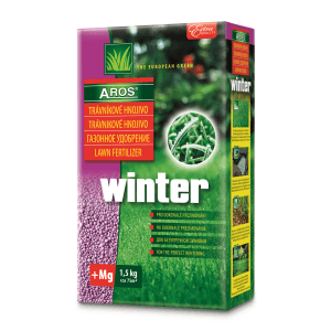 Aros Winter trávnikové hnojivo, 1,5 kg balenie pre starostlivosť o trávnik v zime.
