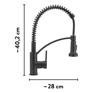 baliv kuchynská batéria KI-3221, čierna matná páková batéria s flexibilnou sprchou. V: 40,2 cm, H: 28 cm.
