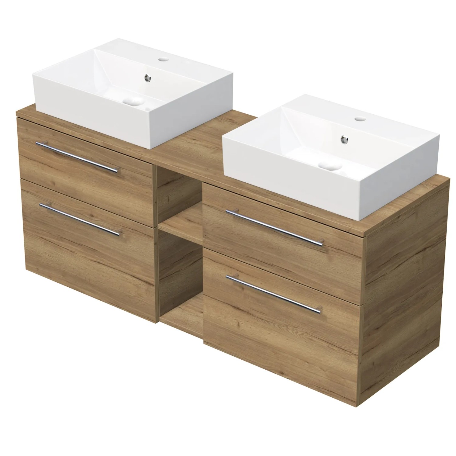 E-shop INTEDOOR Kúpeľ.skriňa+2umývadl BEE, úchyt chróm, 140cm, regál stred, dub Halifax
