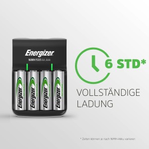 Nabíjačka batérií Energizer so 4 batériami AA v nabíjačke. Batérie sa nabíjajú za 6 hodín.