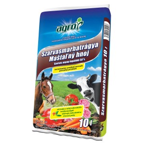 Balenie organického hnojiva s ilustráciami kravy, koňa a zeleniny.